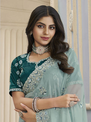 Rajwada Sea Green Organza Embroidered Elegant Saree For Women