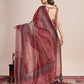 Rajwada Beige And Maroon Linen Printed Saree With Unstitched Blouse For Women