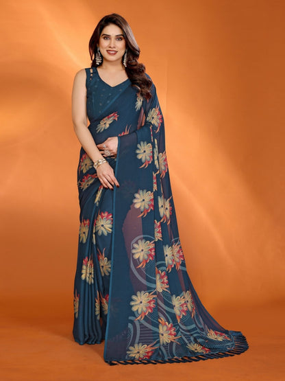 Rajwada Teal Blue Silk Blend Floral Print Saree For Women