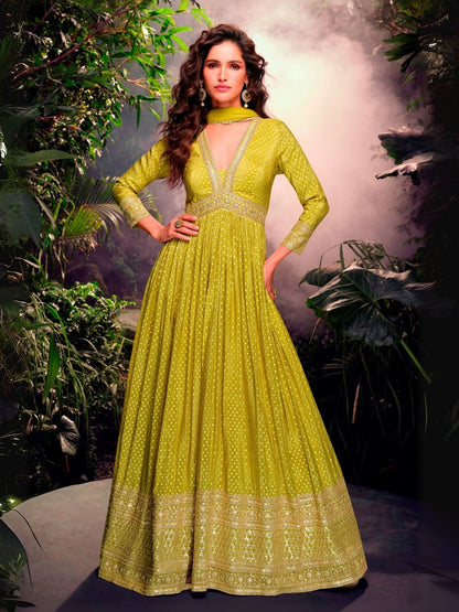 Rajwada Lime Green Jacquard Embroidered Semi Stitched Kurta With Dupatta For Women