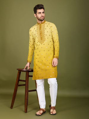 Rajwada Yellow Viscose Silk Sequins Stitched Kurta For Men