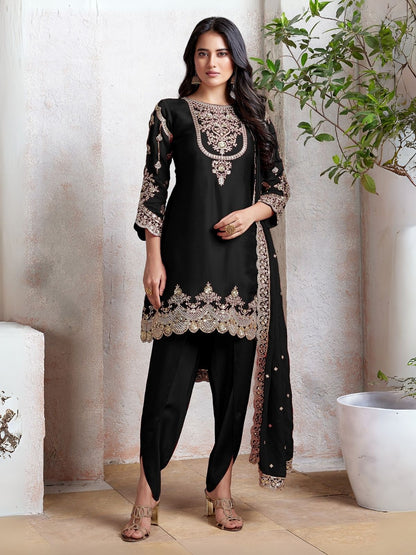 Rajwada Black Georgette Embroidered & Cutwork Semi-Sitched Kurta Set For Women