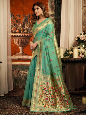 Rajwada Sea Green Silk Blend Solid Saree For Women