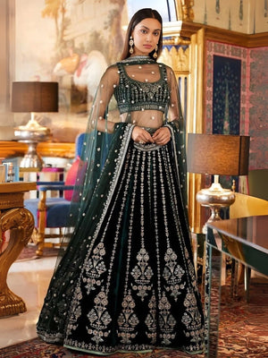 Rajwada Dark Green Georgette Embroidered Semi-Stitched Lehenga For Women