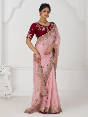 Rajwada Light Pink Viscose Silk Embroidered Saree For Women