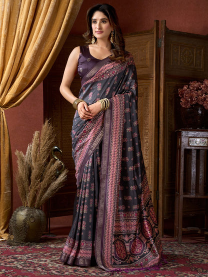 Rajwada Dark Grey Silk Blend Printed Saree For Women