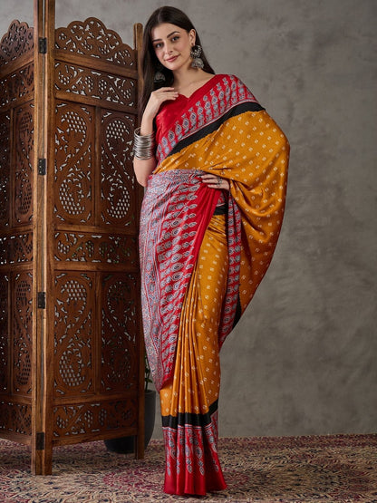 Rajwada Yellow And Red Silk Blend Printed Elegant Saree For Women