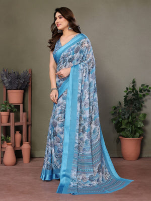 Rajwada Blue Georgette Printed Saree For Women