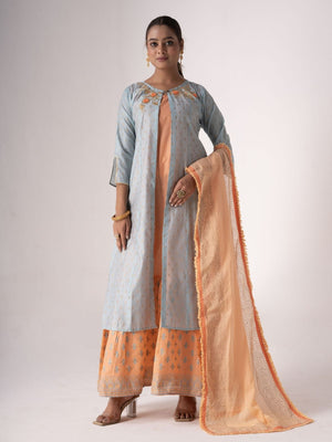 Rajwada Orange Art Silk Designer Embroidered Semi-Stitched Kurta Set For Women