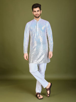 Rajwada White Georgette Embellished Stitched Kurta For Men