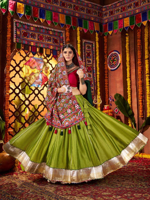 Rajwada Green Silk Blend Semi-Stitched lehenga With Stunning Tassels For Women