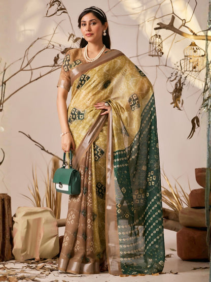Rajwada Mustard Linen Cotton Printed Saree For Women