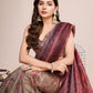 Rajwada Beige And Maroon Linen Printed Saree With Unstitched Blouse For Women