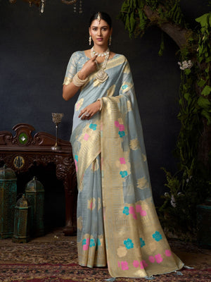Rajwada Grey Organza Solid Saree For Women