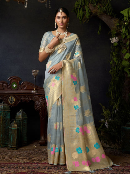 Rajwada Grey Organza Solid Saree For Women
