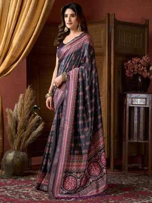 Rajwada Dark Grey Silk Blend Printed Saree For Women