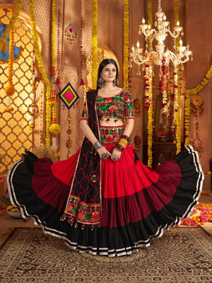 Rajwada Multicolor Viscose Cotton Embroidered Semi-Stitched lehenga With Stunning Tassels And Embroidered Waist Belt For Women