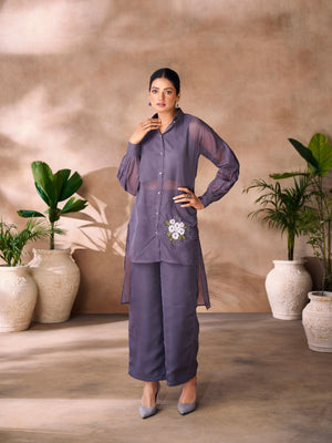 Rajwada Purple Organza Embroidered Stitched Co-Ord Set For Women