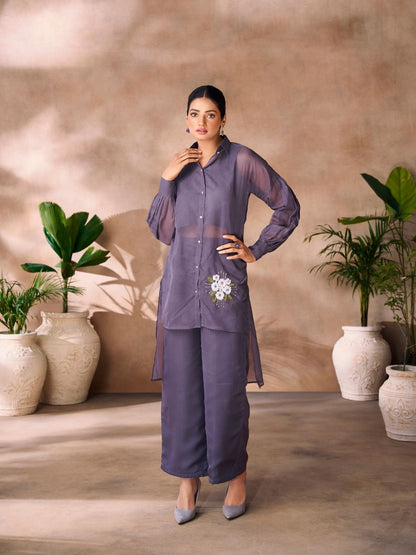 Rajwada Purple Organza Embroidered Stitched Co-Ord Set For Women