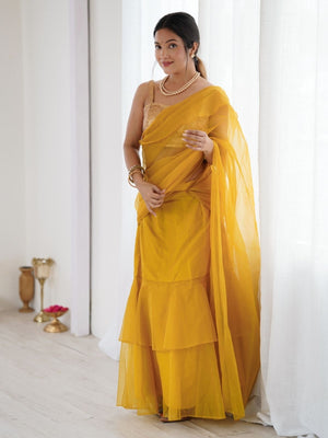 Rajwada Mustard Organza Designer Stitched Saree For Women