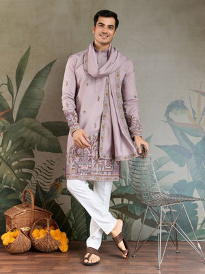 Rajwada Dusty Pink Viscose Silk Embroidered Stitched Kurta For Men