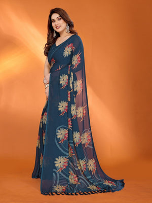 Rajwada Teal Blue Silk Blend Floral Print Saree For Women