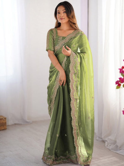 Rajwada Olive Silk Blend Embellished Solid Saree For Women
