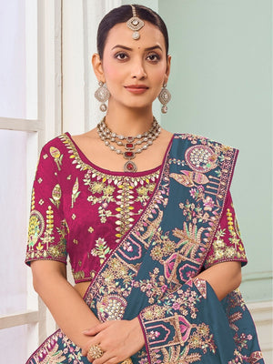 Rajwada Teal Blue Satin Embroidered Saree For Women