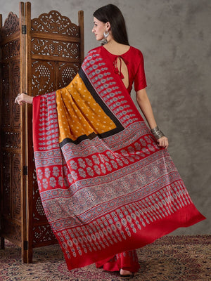 Rajwada Yellow And Red Silk Blend Printed Elegant Saree For Women