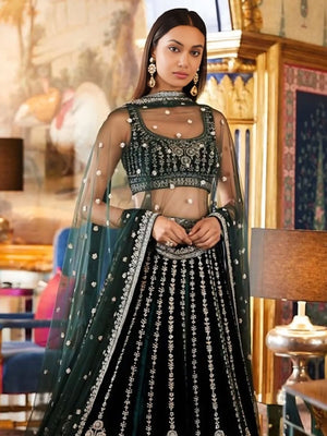 Rajwada Dark Green Georgette Embroidered Semi-Stitched Lehenga For Women
