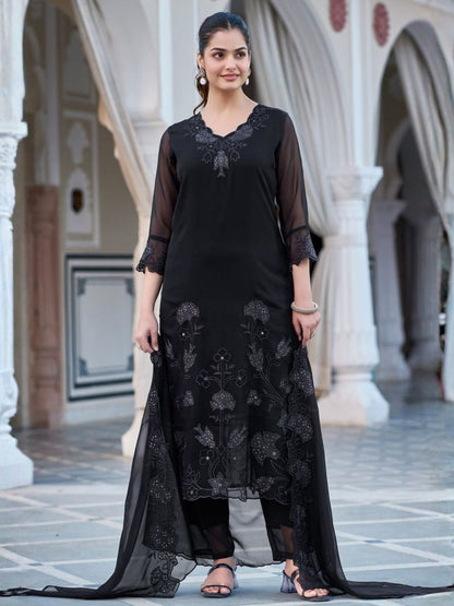 Rajwada Black Georgette Embriodered Stitched Kurta Set For Women