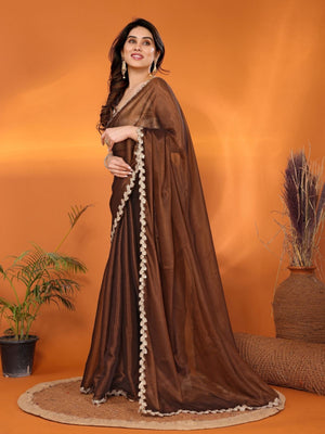Rajwada Brown Georgette Lace Work Saree For Women