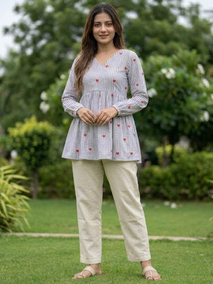 Rajwada Light Blue Cotton Embroidered Co-Ord Set For Women