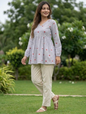 Rajwada Light Blue Cotton Embroidered Co-Ord Set For Women