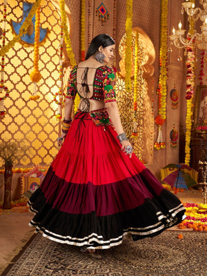 Rajwada Multicolor Viscose Cotton Embroidered Semi-Stitched lehenga With Stunning Tassels And Embroidered Waist Belt For Women