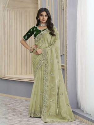 Rajwada Light Green Organza Embroidered Elegant Saree For Women