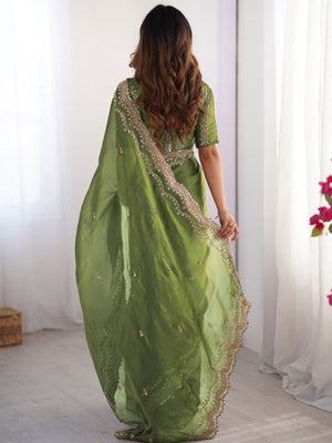Rajwada Olive Silk Blend Embellished Solid Saree For Women