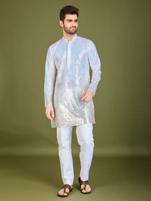 Rajwada White Georgette Embellished Stitched Kurta For Men