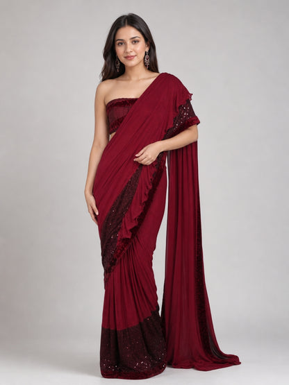 Maroon Velvet Embellished Saree