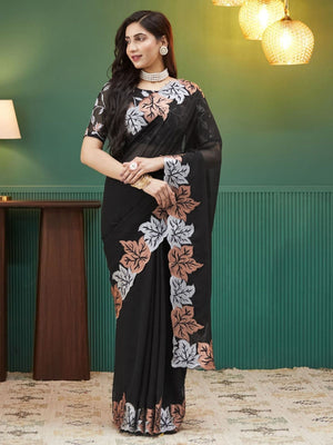 Rajwada Black Silk Blend Embroidered Solid Saree For Women