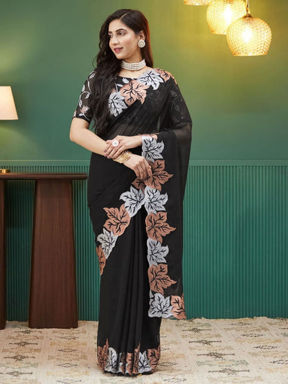 Rajwada Black Silk Blend Embroidered Solid Saree For Women