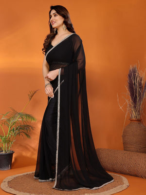 Rajwada Black Georgette Plain Saree With Unstitched Blouse For Women