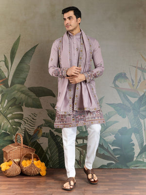 Rajwada Dusty Pink Viscose Silk Embroidered Stitched Kurta For Men