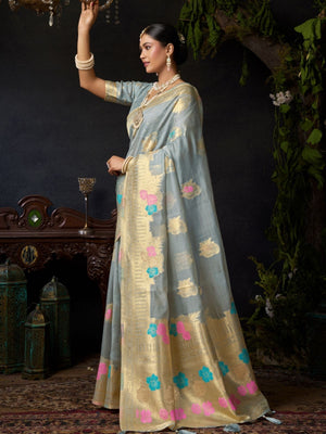 Rajwada Grey Organza Solid Saree For Women