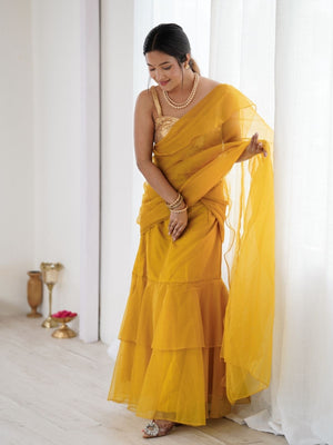 Rajwada Mustard Organza Designer Stitched Saree For Women