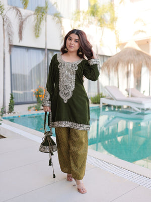 Rajwada Olive Velvet Embroidered Kurta Set For Women