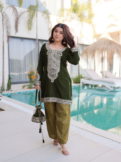 Rajwada Olive Velvet Embroidered Kurta Set For Women
