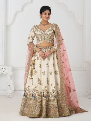 Rajwada Off White Silk Blend Embroidered Semi-Stitched Lehenga For Women