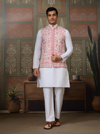 Rajwada White Silk Blend Plain Stitched Kurta Set For Men