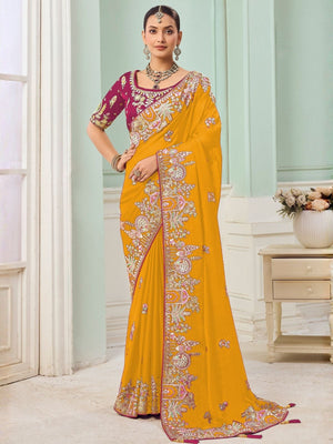 Rajwada Yellow Satin Embroidered Saree For Women